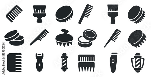Hair and styling solid icons set – flat, filled, grooming and barber tools