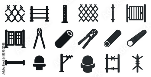 Fence and barrier silhouette icons set – solid, filled, security and boundary symbols