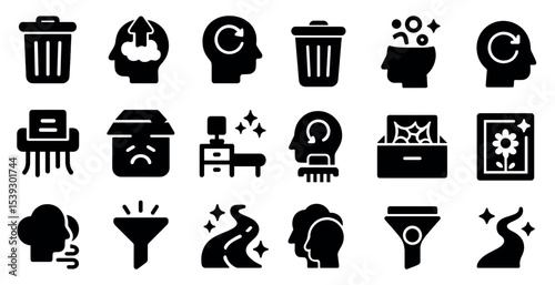 Waste management and recycling solid icons set – disposal, sustainability symbols