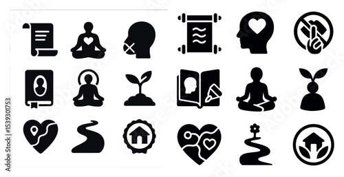 Mindfulness and meditation icons set – silhouette, solid, yoga and wellness symbols