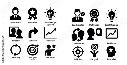 Business and coaching icons set – solid, filled, motivation and success symbols