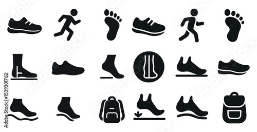 Running and fitness silhouette icons set – footwear, exercise, athletic symbols