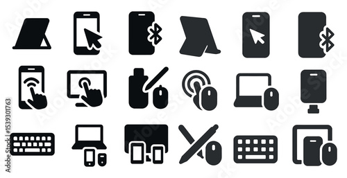 Communication devices solid icons set – flat, filled, technology and gadget symbols