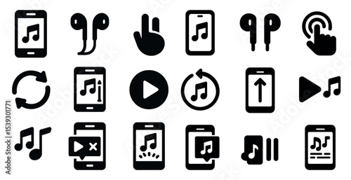 Music and audio solid icons set – flat, filled, sound and multimedia symbols