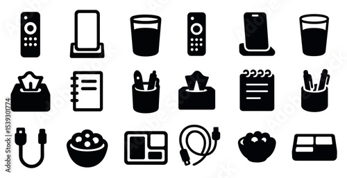 Home office essentials silhouette icons set – solid, filled, workspace symbols