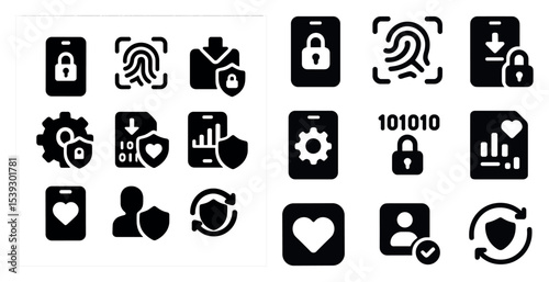 Security and privacy icons set – solid, filled, cybersecurity and data protection symbols