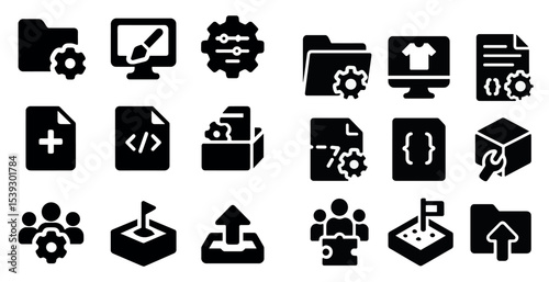 Software development solid icons set – programming, tech, and coding symbols