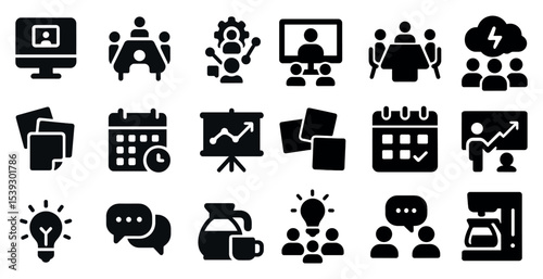 Business and teamwork solid icons set – flat, filled, corporate and meeting symbols