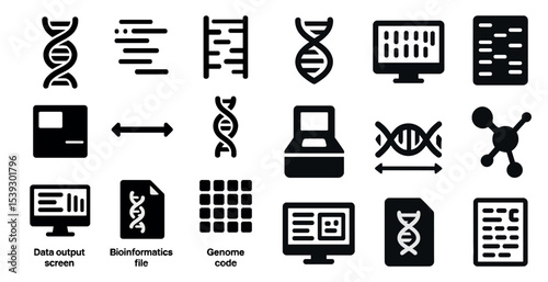 Genomics solid icons set – flat and filled dna, bioinformatics, and molecular symbols