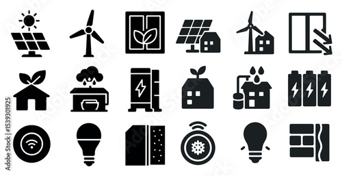Renewable energy icons set – solid, filled, eco and sustainability symbols