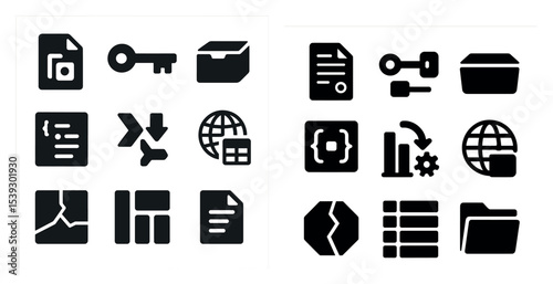 Business and data solid icons set – filled, professional and analytics symbols