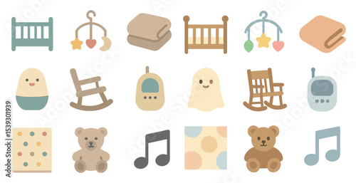 Baby nursery icon set – flat, cute, child care and parenting symbols