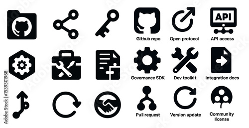 Open source software solid icons set – development, tools, api access symbols