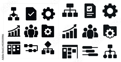 Business operations solid icons set – flat, filled, workflow and management symbols