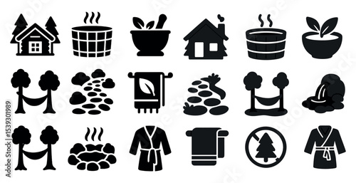 Spa and wellness solid icons set – silhouette, filled, relaxation and bath symbols