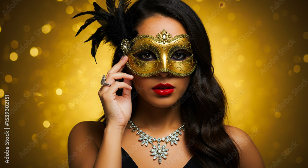 Obraz premium Elegant woman in gold masquerade mask.