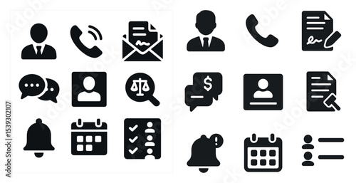 Business communication solid icons set – professional, filled, office tools