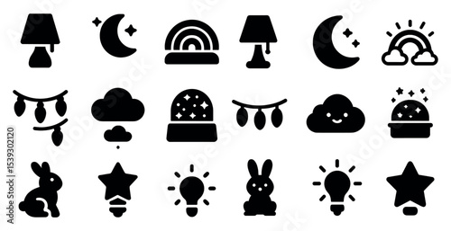 Home and decor solid icons set – filled, silhouette, interior design symbols