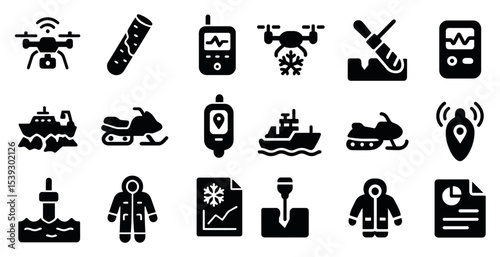 Winter sports solid icons set – filled, silhouette, skiing and snowboarding symbols