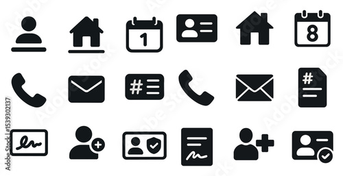 Business communication solid icons set – filled, office and contact symbols