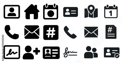Business and communication icons set – solid, filled, corporate and contact symbols