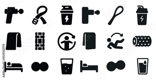 Fitness and wellness solid icons set – filled, exercise, gym and health symbols