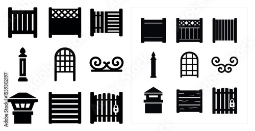 Fencing silhouette icons set – solid, filled, gate and barrier symbols