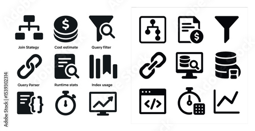 Database management solid icons set – filled, data analytics, query optimization symbols