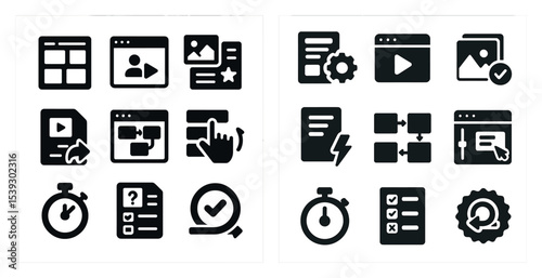 Business and workflow solid icons set – filled, corporate, process management symbols