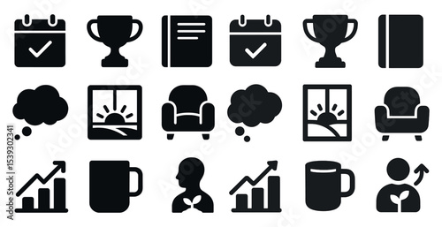 Business and productivity solid icons set – flat, filled, workplace efficiency symbols