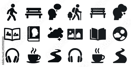 Outdoor activities silhouette icons set – walking, hiking, park and leisure symbols