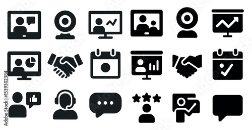 Business and conference solid icons set – flat, filled, meeting and presentation symbols