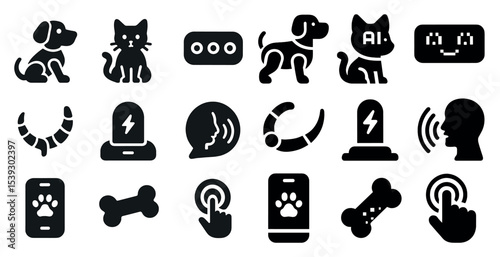 Pet care solid icons set – silhouette, filled, animal and veterinary symbols