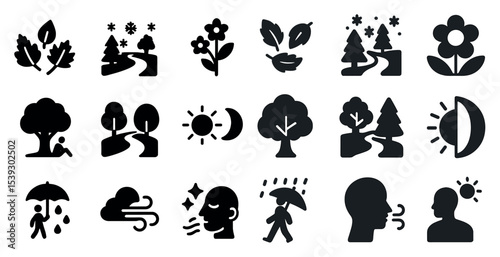 Nature and seasons solid icons set – silhouette, weather and outdoor symbols