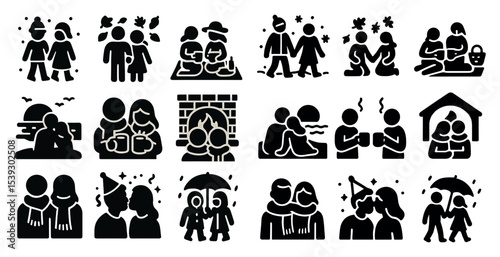 Family and friends silhouette icons set – solid, filled, relationship and bonding symbols