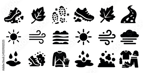 Outdoor and weather solid icons set – flat, filled, nature and climate symbols