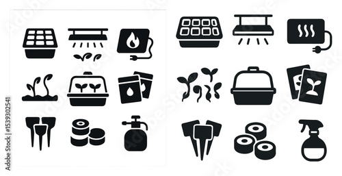 Gardening and seedlings icons set: solid, silhouette, plant growth symbols