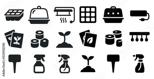 Gardening solid icons set – flat, filled, horticulture and planting symbols