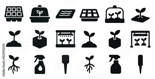 Gardening and farming solid icons set – silhouette, filled, horticulture symbols
