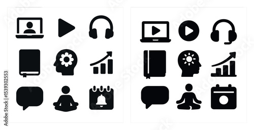 Business technology solid icons set – filled, digital success and innovation symbols