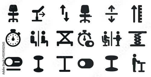 Office business solid icons set – flat, filled, work management symbols