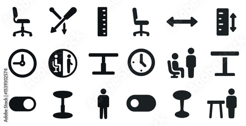 Office and furniture solid icons set – filled, workplace, interior design symbols