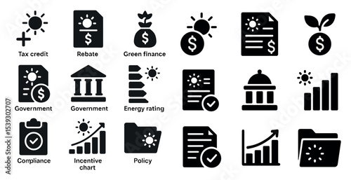Finance and government solid icons set – filled, tax, rebate, energy rating symbols