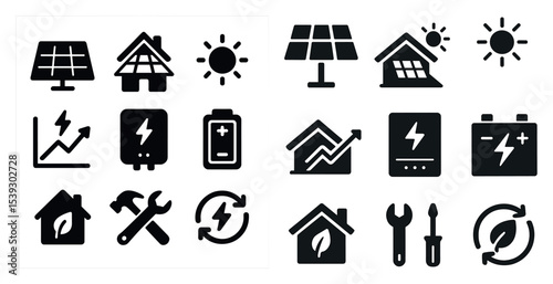 Renewable energy solid icons set – silhouette, sustainable, eco-friendly symbols