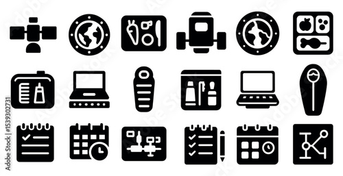 Space and exploration icons set – filled, solid, cosmic adventure elements
