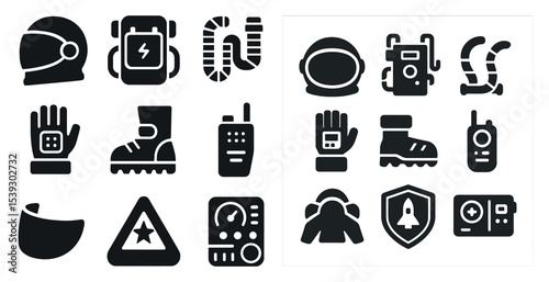 Space exploration solid icons set – filled, astronaut equipment, galaxy symbols