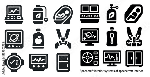 Space technology solid icons set – filled, outline, spacecraft and tech symbols
