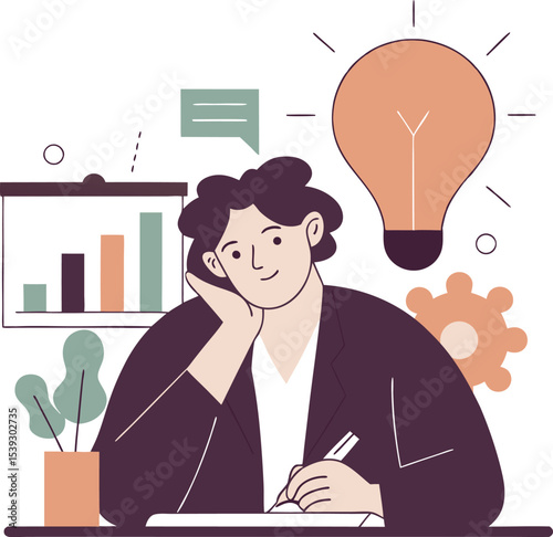 Businessman, Thinking for Business Idea Vector Illustration, Creative Planning and Innovation Concept in Flat Design