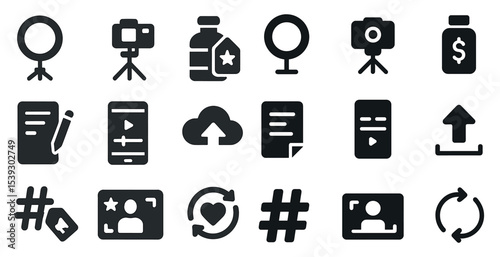 Social media and marketing solid icons set – filled, digital, online interaction symbols
