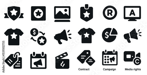 Advertising and media solid icons set – filled, marketing, promotion symbols